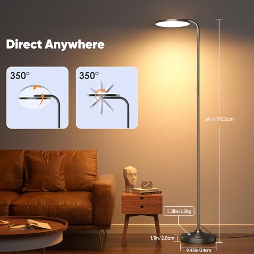 SIBRILLE Black 36W Dimmable LED Floor Lamp with Remote, 350° Rotating Head, Modern Tall Reading Lamp for Living Room & Bedroom