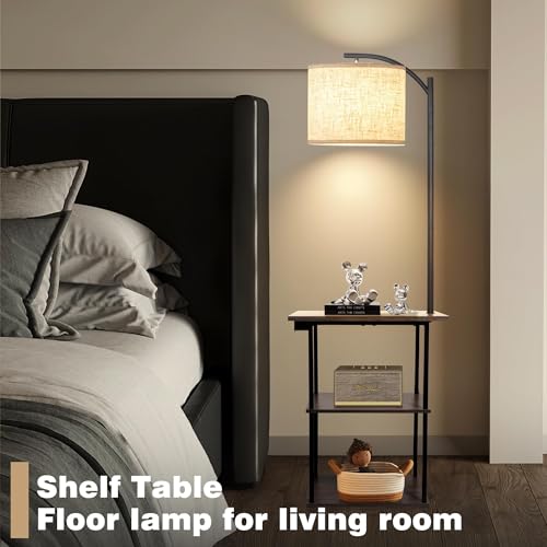 PESRAE Rustic Brown Floor Lamp with 3-Tier Side Table & Charging Station