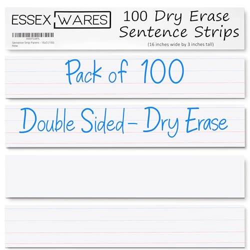 100 Pack Dry Erase Sentence Strips - 16x3 Inches, Laminated, White, Essex Wares