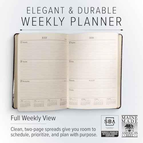 Gallery Leather Desk Weekly Monthly Planner 2025-2026, Elegantly Bound Calendar Planner and Notebook with Stylish Gold-Gilded Page Edges, 12 Months - Acadia Hydrangea - 8 x 5.5 "