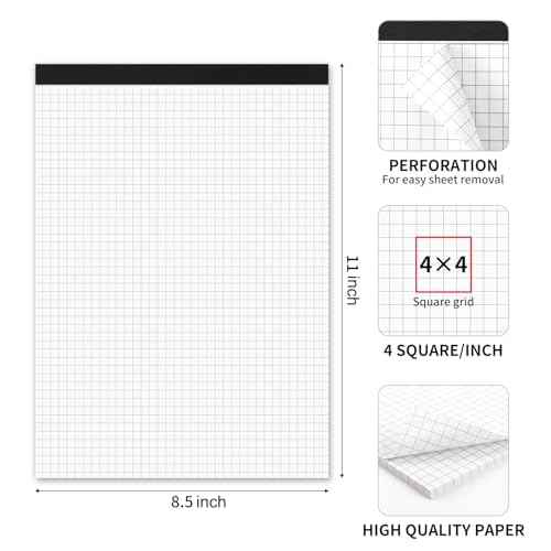 Graph Paper Notebook, 2 Pack, 8.5 x 11 Grid Paper, 4x4 Graph Ruled, 50 Sheets per Pad, Easy-Tear Perforations, 8.5 x 11 Cardboard Backing, for Math, Drafting, Drawing, Engineering