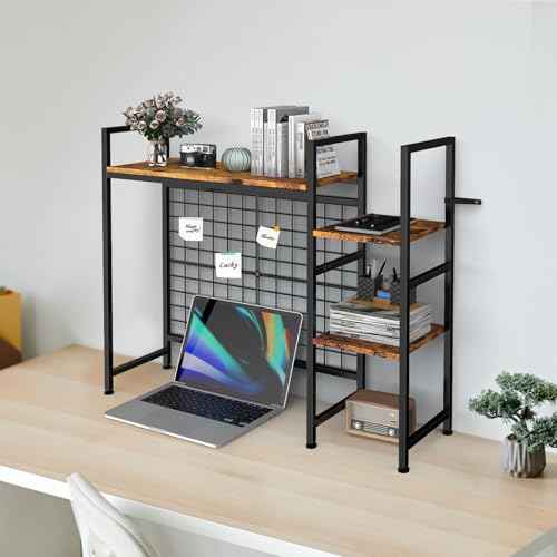 YBING Desk Shelf for Top of Desk Hutch - 4 Tier Computer Bookcase, Brown Wood Desktop Display Storage Rack Organizer for Home Office, Dorm