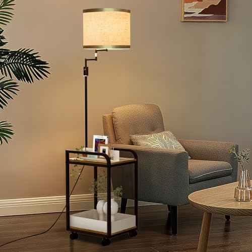 Lightdot 63IN Floor Lamps with Storage Table&Basket, Modern Standing Tall Lamps with Adjustable Fabric Lampshade and Movable&Fixed Casters, Coner End Table Lamp for Living Room/Bedroom/Office-Black