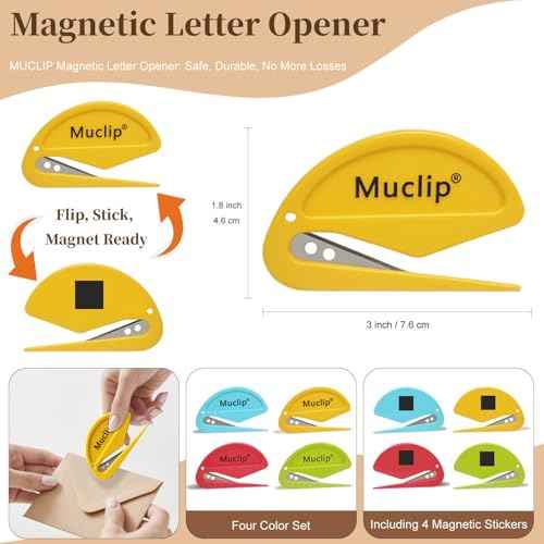 4 Pack Letter Opener with Magnetic Stickers - Hidden Stainless Steel Blade,Ergonomic ABS Grip,Fast & Safe Envelope Opener for Letter,Packages,Mail,Office,Home,Mailroom (4 Pack)
