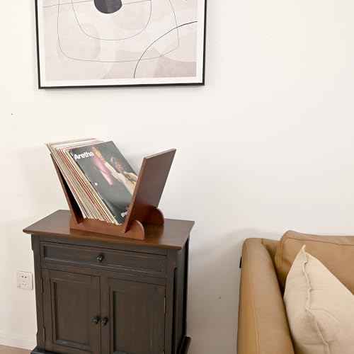SwallovLiving Wooden Vinyl Record Holder, Flip Display Vinyl Record Storage Stand, Wood Tabletop Recorderholder Elegant Design for 40 Music Albums