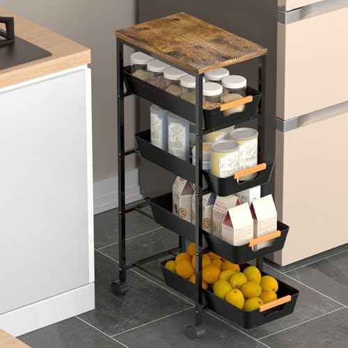 5 Tier Slim Rolling Utility Cart with Drawers Pull-Out Design Slim Storage Cart with Metal Frame and Wooden Top for Narrow Space in Home Kitchen Bathroom Black (Width 9.5 Inches)