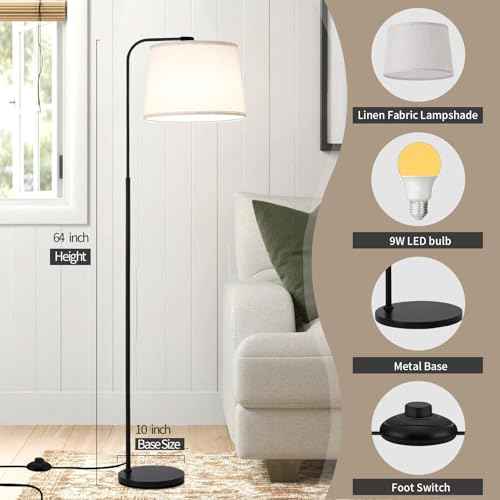 Arc Floor Lamps for Living Room, Modern Floor Lamp for Bedroom, Foot Pedal Control Standing Lamps with Adjustable Linen Lampshade, Tall Lamp with 9W Bulb for Office Reading Room Nursery (Black)