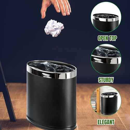 Invisi-Overlap' Metal Trash Can, Open Top Small Office Wastebasket, Oval Shape (Black)