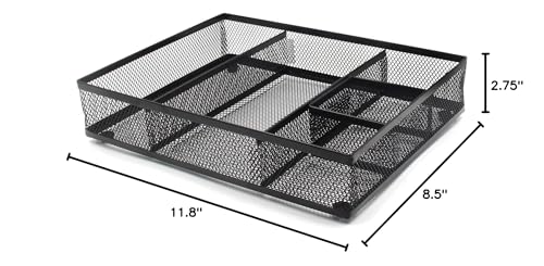 EasyAPG Desk Drawer Organizer with 5 Compartments, Metal Mesh Storage Tray with Anti-Slip Pads for Office, Kitchen, Bathroom - Black