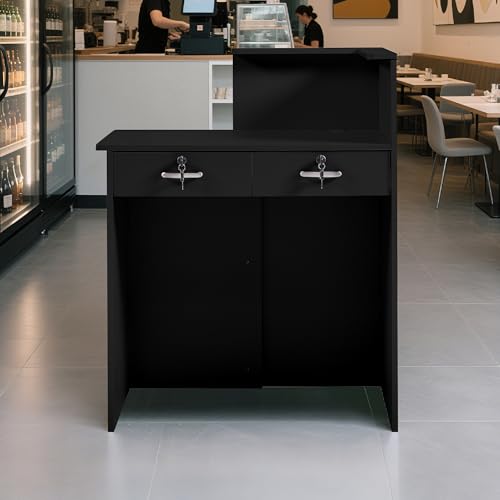Zethvax Reception Desk with 2 Lockable Drawers, Black—Compact 31in L x 17.7in W x 29.9in H with Cable Management