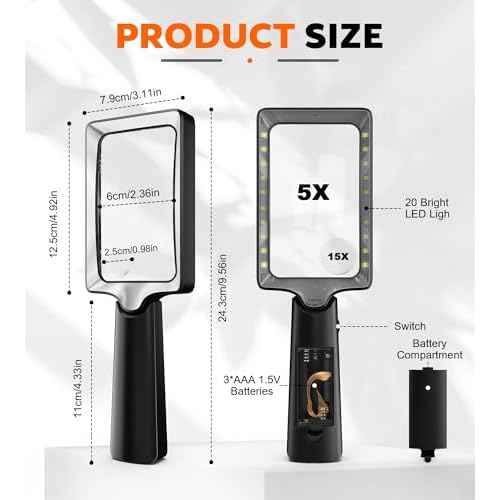Magnifying Glass with Light - 5X 15X Lighted Magnifier with 20 LED, Large Handheld Magnifying Glasses Illuminated Rectangle Magnifier for Seniors Reading Low Vision Close Work Inspection