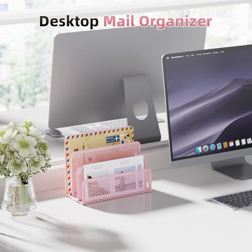 Pink Desk Mail Organizer with 3 Mesh Slots - Office Letter & Document Holder