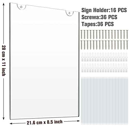 16 Pieces Acrylic Sign Holder 8.5 x 11 Inches Wall Mount Clear Plastic Display Stand Frame for Paper Documents - Bulk Pack With Tape and Screws for Home, Office, Store, Restaurant