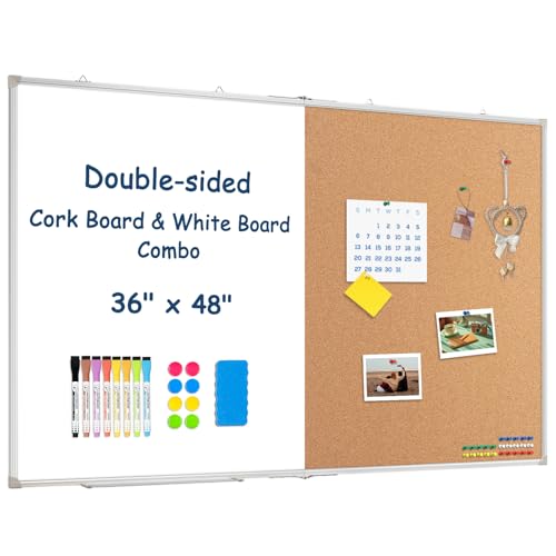 WALGLASS Cork / 48x36 Inch Whiteboard & Cork Board Combo for Wall