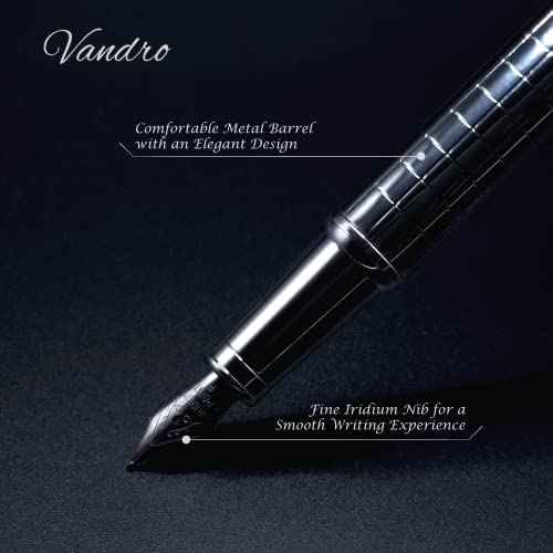 Vandro Complete Luxury Fountain Pen Set - Comfortable Grip with Smooth Fine Nib - Includes 10 Pack Ink Cartridges, Black Ink Bottle, Refill Converter & Gift Box - Black