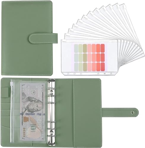 Green A6 Budget Binder with 12 Zipper Cash Envelopes and Sticky Notes - 7.4in LXWHYP