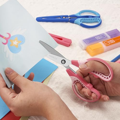 Kids Scissors 7-Inch Safety Craft Scissors for Ages 8-12 with Cover - Blue/Pink/Red, Left/Right Handed