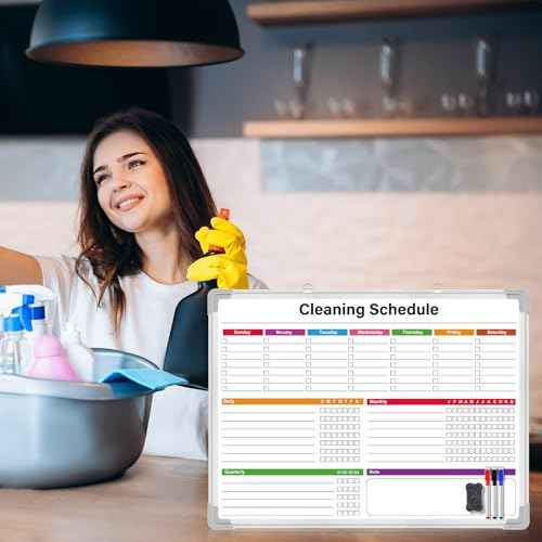 Honoson 18x24 Inch Chore Chart Whiteboard for Kids Hanging Cleaning Checklist Dry Erase Whiteboard with Aluminum Frame Double Sided Daily Weekly Monthly Chore Schedules, 3 Markers & 1 Eraser