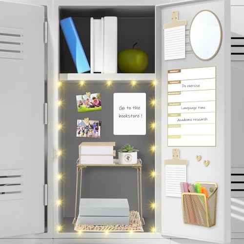 TecUnite Locker Accessories Kit - Magnetic Whiteboard, Shelf, Course Schedule, Mirror, Pen Holder, Dry Erase Pen, Rug, Clips, Light String - 14 Pcs Locker Decorations & Organizer(Gold,Heart Style)