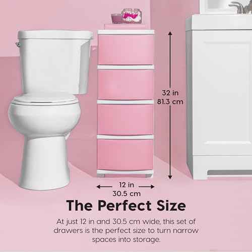IRIS USA Plastic Drawer Storage Organizer, 4-Drawers, for Classroom Art Supplies Bathroom Dorm Bedroom Laundry Room, Slim Narrow, White Frame with Matte Pink Front Panels