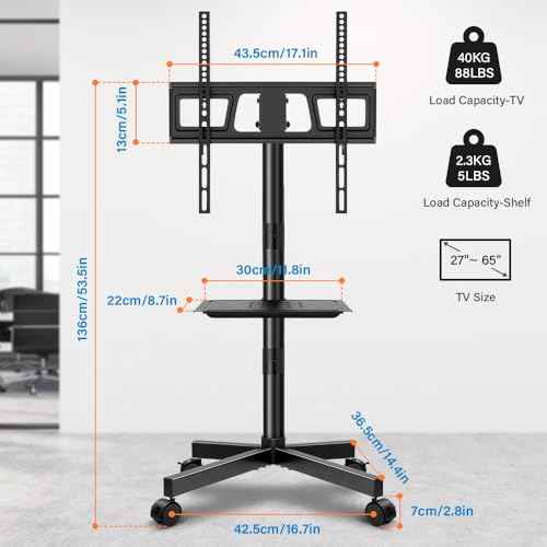 KKTONER Mobile TV Cart for 23 to 65 inch LCD LED Flat Screen/Curved TVs Floor TV Stand on Wheels with Height Adjustable Shelf Max VESA 400x400mm Rolling Floor TV Trolley Holds up to 88lbs