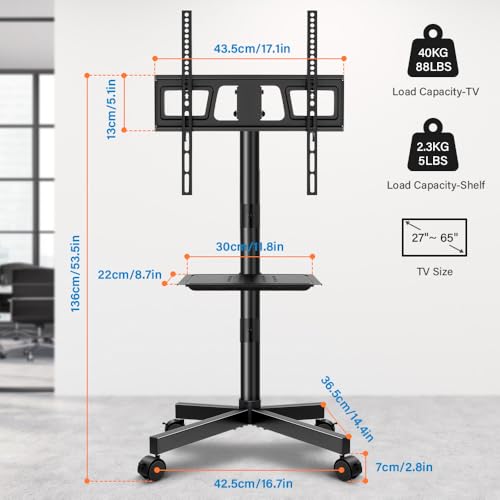 KKTONER Mobile TV Cart for 23-65 Inch LCD/LED TVs, Height-Adjustable Floor TV Stand, 88 lbs