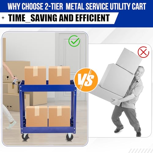 2 Tier Metal Utility Cart,330 Lbs Metal Heavy Duty Utility Cart On Wheels,2 Shelf Steel Rolling Tool Cart, Tool Storage Organizer for Mechanic, Garage, Workshop, Warehouse & Repair Shop