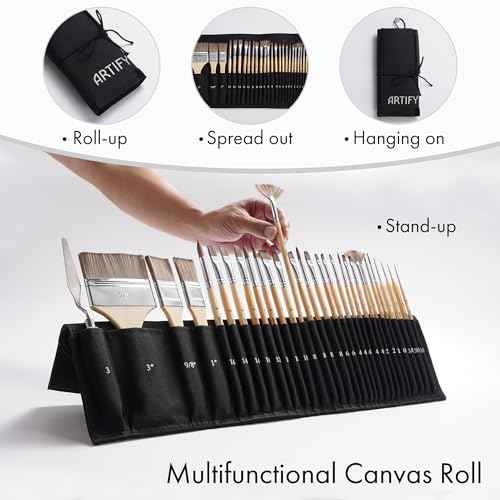 ARTIFY 30-Piece Expert Paint Brush Set, Upgraded Version, Complete Range of Sizes, Enhanced Synthetic Brushes with Canvas Roll and Palette Knife for Acrylic, Oil, Watercolor, and Gouache