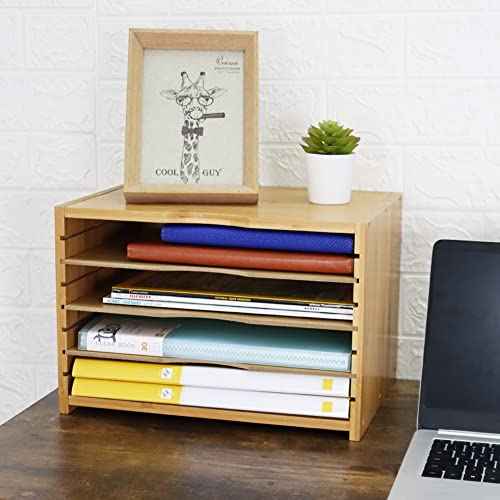 File Organizer with 3 Adjustable Shelves Bamboo Document Letter Tray Paper File Sorter for Desktop Office Home Study Workstation Desk Storage Rack (Natural)