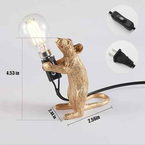 LED Resin Animal Rat Desk Modern Cute Art Children's Bedside Gift Table Lamp Simple Operation Lifelike Image Modern Small Mini Mouse Figure Night Light (Gold)