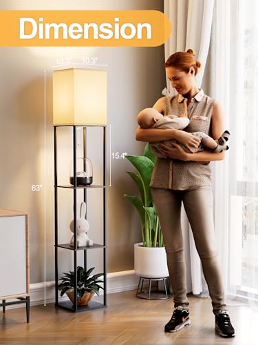 PARTPHONER Black Floor Lamp with Shelves - Modern Corner Standing Organizer, 3 CCT LED Bulb, Linen Shade, 63-inch Tall
