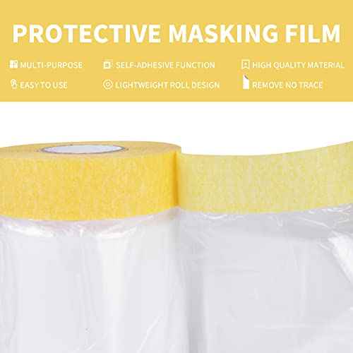 TAPEBEAR Pre-Taped Masking Film, Tape and Drape, Plastic Sheeting Roll, Automotive Painters Masking Tape Film, Plastic Sheeting Cover for Appliance and Furniture, 9feet X 90feet, 2600mmx 27m,3Rolls