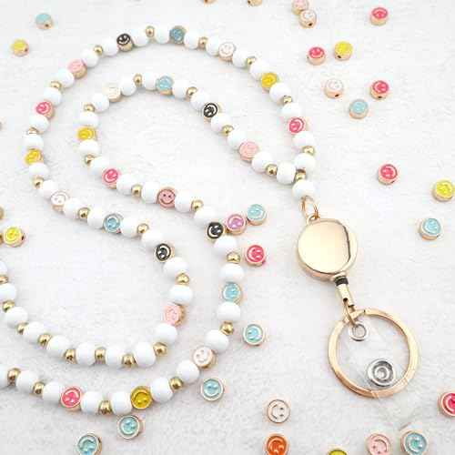 Smile Teacher Lanyard for Women with Retractable ID Badge Reel and Keychain Cute Happy Beads Lanyard