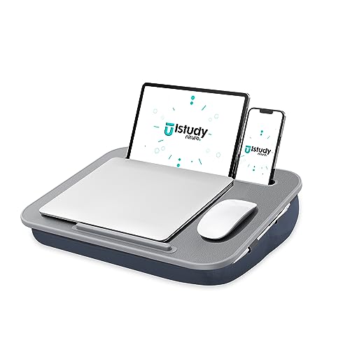 ISTUDYNITURE Portable Lap Desk with Cushion, Fits up to 15.6 inch Laptop, Laptop Stand with Device Ledge and Phone Holder, for Home Office (Grey, Small)