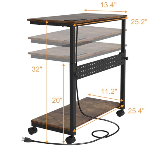 Computer Tower Stand with Charging Station, Height Adjustable 2-Tier CPU Stand with Power Strip and USB Ports, PC Tower Cart with Wheels and Printer Shelf, Rustic Brown and Black