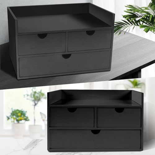 Bamboo Desk Organizer 3 Drawer with Shelf, Countertop Organizer with Drawers Makeup Storage Drawer 3 Drawers Tabletop Storage Organization Box Home Office Workspace£¨Black£©