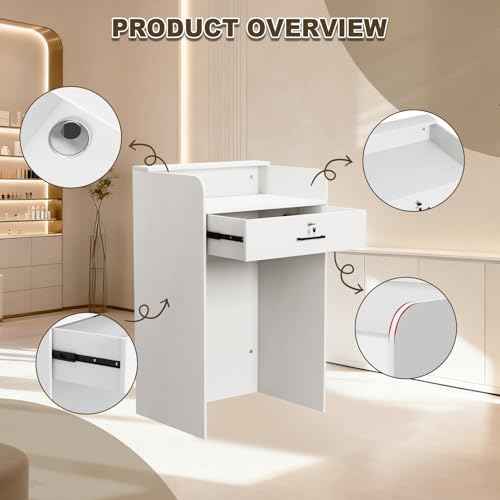 Small Reception Desk with Counter LED Light, Modern Front Desk with Lockable Drawer, White Retail Checkout Counter for Clothing Store Lobby Beauty Salon (White, 37.8x23.6x15.7in)