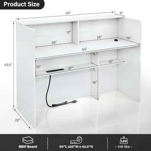 TC-HOMENY Reception Desk with LED Lights, 55'' Retail Counter Modern with Storage Shelves and Cable Grommet, Front Table, Salon Desk, Office Table,White