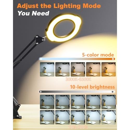 10X Magnifying Glass with Light, 5 Color Modes Stepless Dimmable LED Desk Lamp, Hands Free Lighted Magnifying Glass for Close Work Reading Craft Hobby