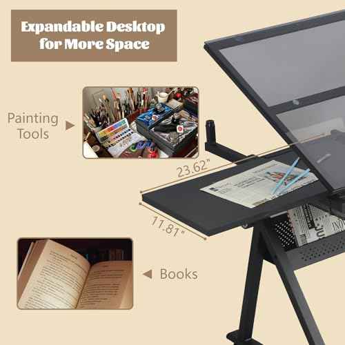 Black Drafting Table w/Stool, Painting Table Art Craft Desk Crafting Table with Tilting Tempered Glass Top, 2 Storage Drawers, Height Adjustable