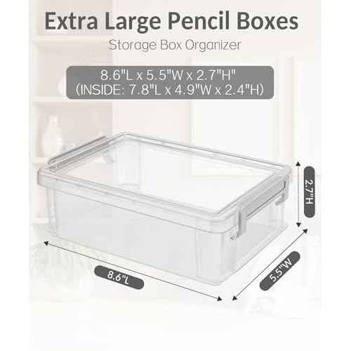 Sooez 6 Pack Extra Large Pencil Box, Plastic Pencil Case Crayon Box, Clear Marker Organizer Plastic Containers with Lid, Stackable Storage Boxes for Art Craft,Pen,Back to School Teacher Supplies, Grey