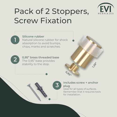 Pack of 2 EVI Door Stoppers | Brass Door Stopper - Screw Fastening - White Rubber Protector - 0.94 x 1.37 Inch Door Stop