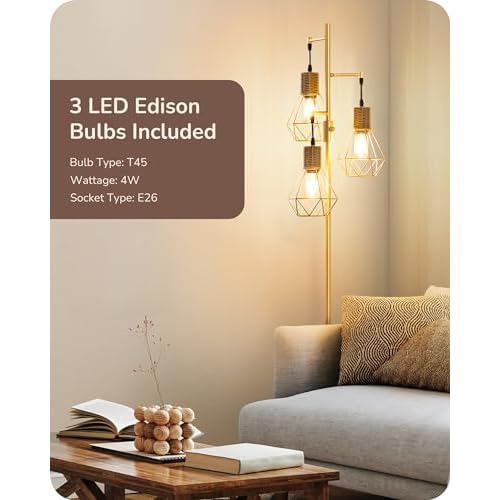 EDISHINE Dimmable Industrial Floor Lamp, Farmhouse Standing Lamp for Living Room with 3 LED Edison Bulbs, Diamond-Shaped Cage, Corner Rustic Rattan Reading Lamps for Bedroom, Office, Gold