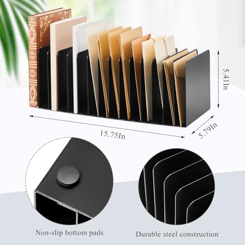 Suzile 15-Compartment Metal Desktop File Organizer Black 16" Vertical Sorter