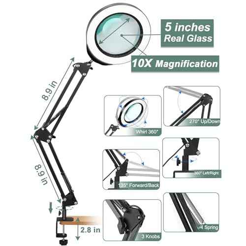 Veemagni 10X Large Magnifying Glass with Light and Clamp, 5 Inch Real Glass Stand Magnifying Desk Lamp, 5 Color Modes Stepless Dimmable, Hands Free LED Lighted Magnifier for Crafts Reading Close Work