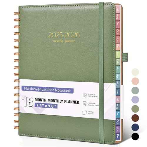 Monthly Planner 2025-2026, 15 Months Hardcover Calendar Planner from October 2025 - December 2026, 7.4'' x 9.6'' Monthly Planner with Tabs, Spiral Daily Planner Perfect for Office School Teacher Student, Green