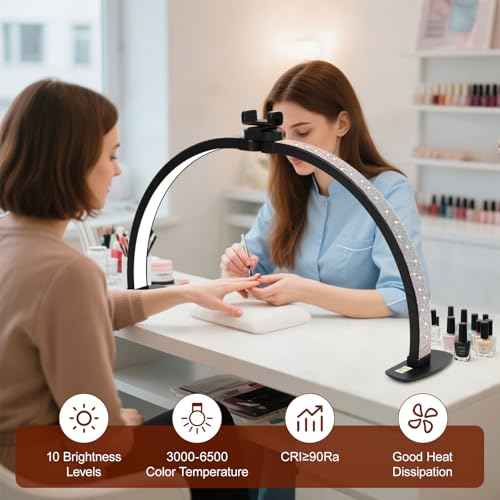 FAHKNS Half Moon Light for Nail Desk with Shining Diamond, 28IN LED Lamp with Phone Holder, Desk Lamp with 10 Levels of Adjustable Brightness, 3000-6500K Color Temperature, Black