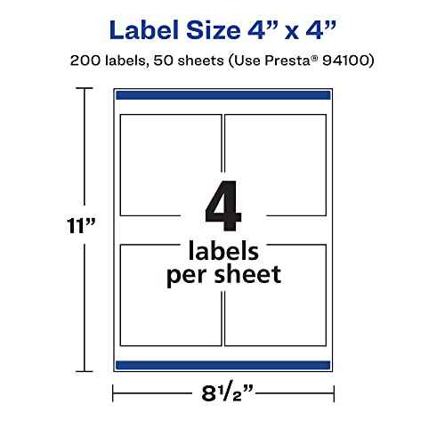 Avery Matte White Square Labels, Sure Feed Technology, 4" x 4", 200 Matte White Printable Labels
