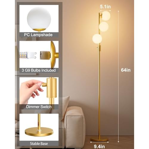 FAITHSAIL 3 Globe Mid Century Floor Lamp, Dimmable Modern Standing Lamp with PC Shade & 3pcs Warm White LED Bulbs, Gold Tall Tree Lamp for Living Room, Bedroom