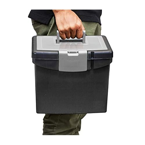 Storex Portable File Box with Organizer Lid ? Plastic Office File Storage Box for Letter Paper and Hanging Folders, Obsidian, 1-Count (61504C01C)